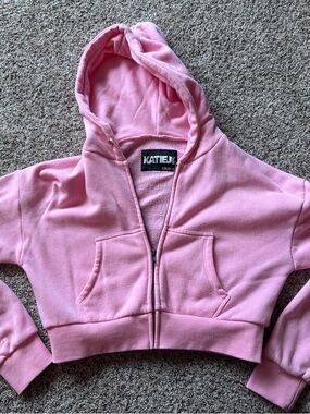 Katie J NYC Pink Cropped Zip Hoodie